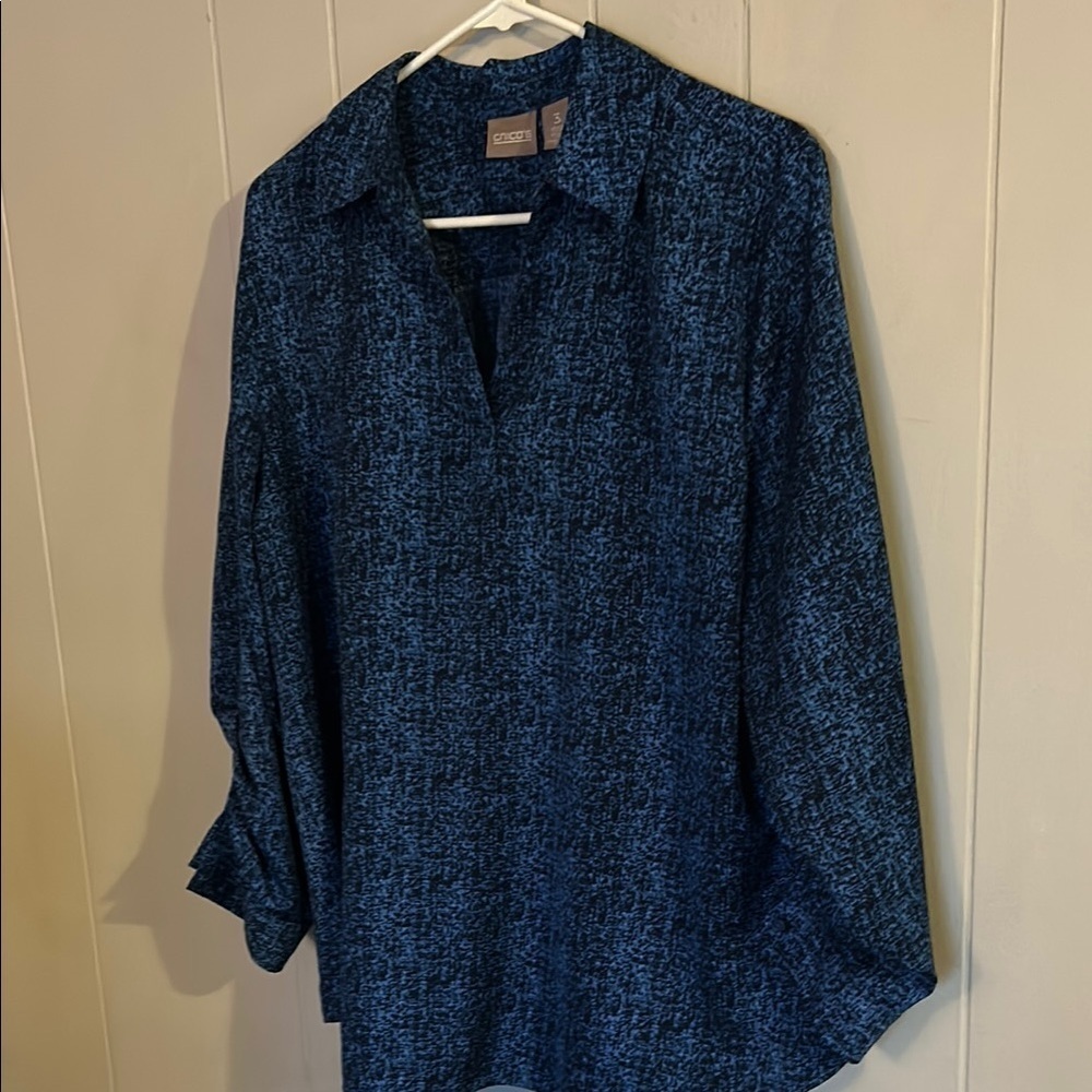 Chico’s Size 3 Blue Textured Tunic Top • Long Sleeve • Flowing Fit